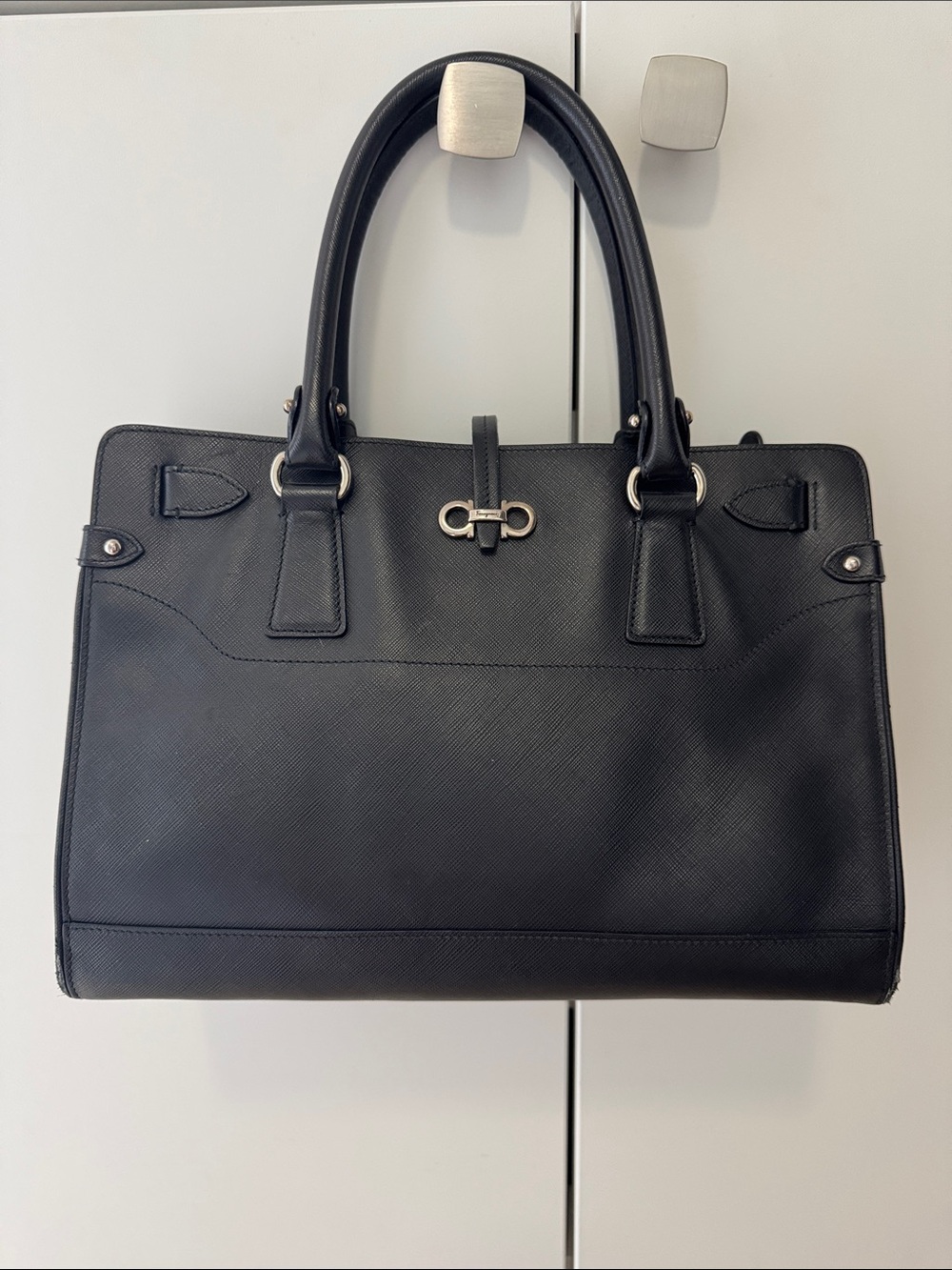 Salvatore Ferragamo Black Leather Structured Satchel